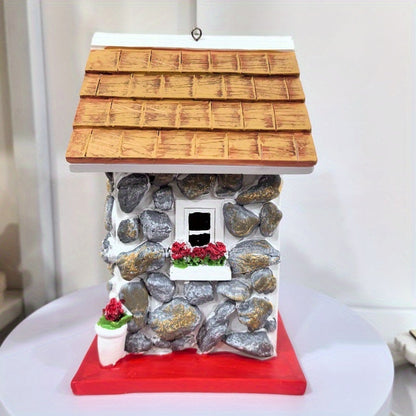Stone-Look Cottage Garden Ornament in One-Piece Resin with Red Door, Shingled Roof and Hanging Loop