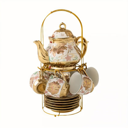 Twenty-Piece Floral Ceramic Tea Set with 15-Ounce Teapot, Six Cups, Saucers, Spoons and Gold Rack