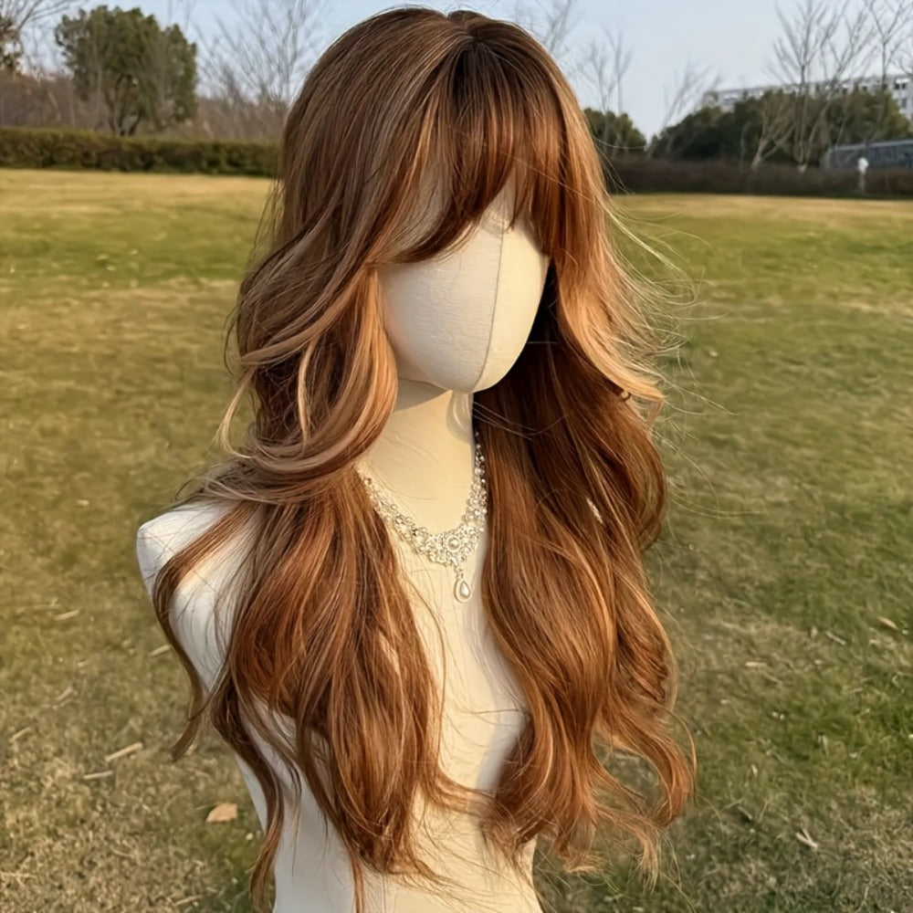 Synthetic Wig 24-Inch Light Brown Body Waves with Golden Highlights, Bangs and Rose Net Cap