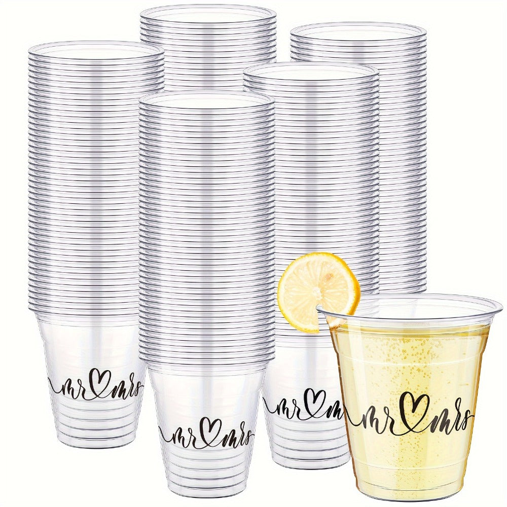 Clear Wedding Cup Party Supplies Pack with 200 10-Ounce Plastic Cups and Mr and Mrs Script