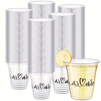 Clear Wedding Cup Party Supplies Pack with 200 10-Ounce Plastic Cups and Mr and Mrs Script