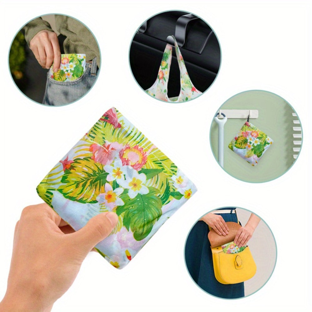 Reusable Foldable Shopping Tote Bag Set with Eight Assorted Printed Designs and Matching Zipper Pouches