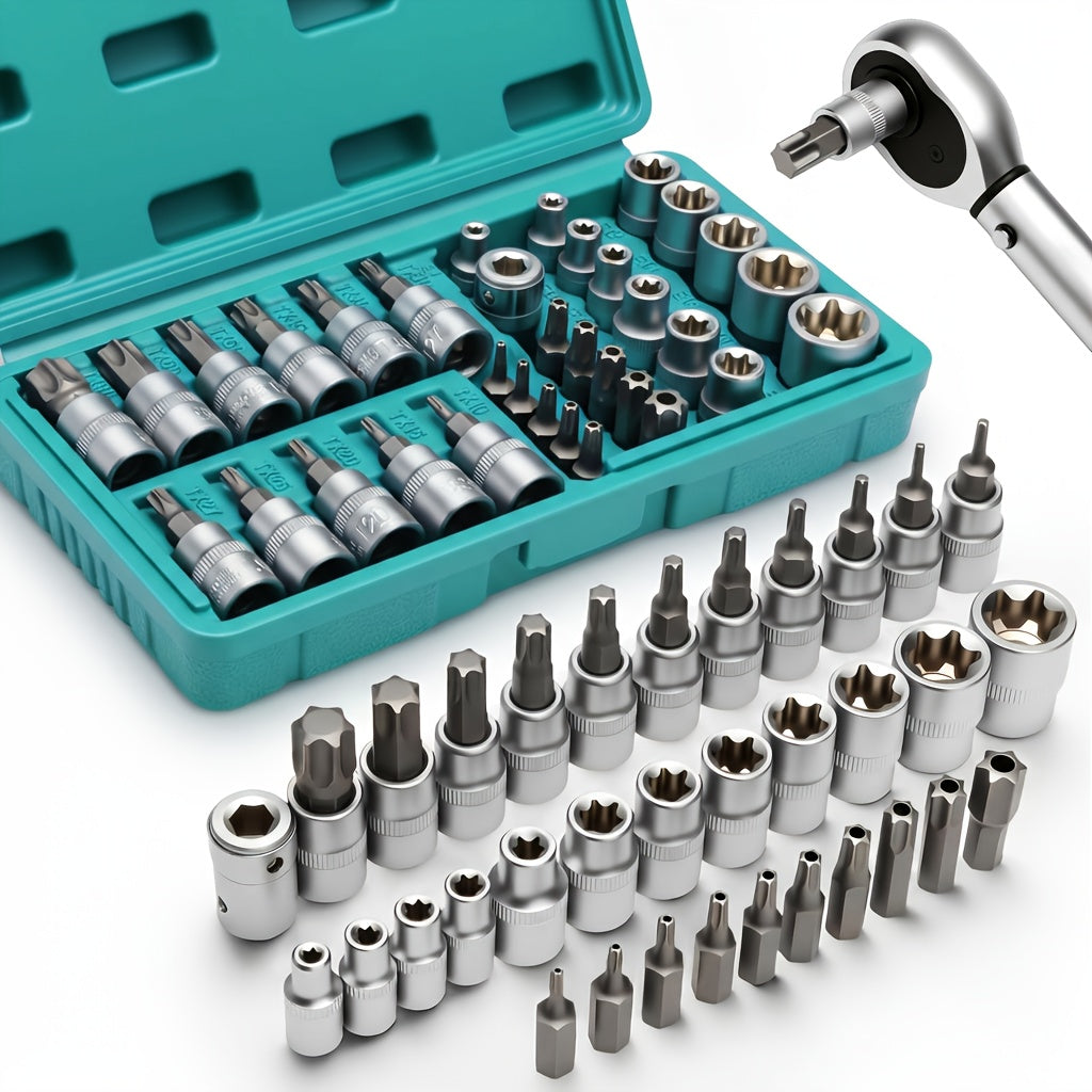 Torx Star Bit Socket Set 34/46-Piece - 3/8" Drive CR-V E-Socket E4-E20, T10-T60, Tamper-Proof TT10-TT55, S2 Steel, 5/16"F to 3/8"M Adapter, Storage Case - For Car, Truck & Home Improvement