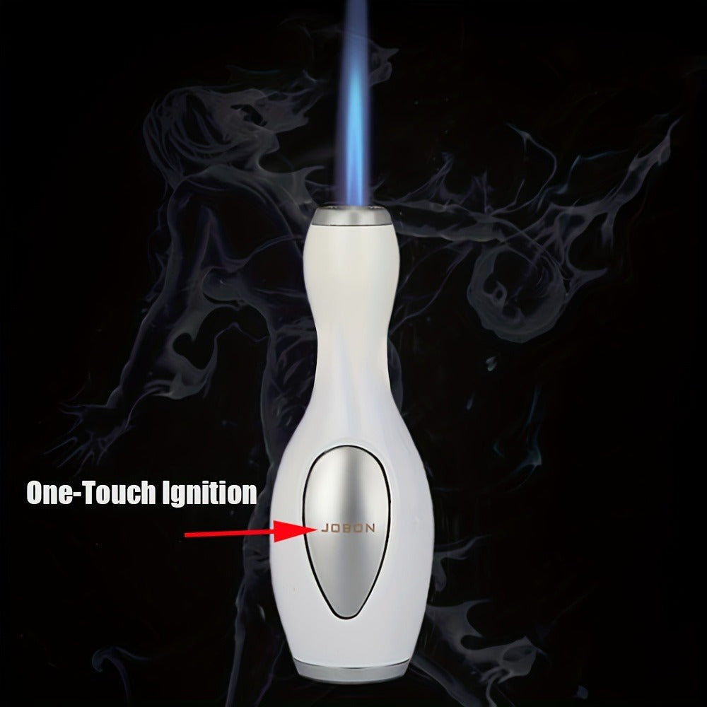 Bowling-Pin-Shape Jet-Flame Butane Lighter with Push-Button Ignition in Two White Checkout Options
