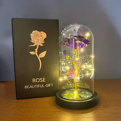 LED Rose Flower in Glass Dome, Eternal Foil Rose with LED Light, Romantic Valentine's Day Gift for Girlfriend, Mother's Day Wedding Bridesmaid Desktop Decoration, Battery Powered