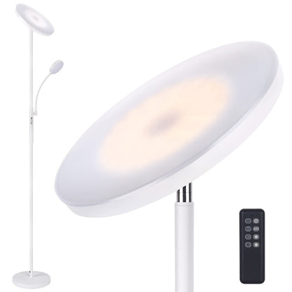 Dual-Head Torchiere Floor Lamp with 27W Main Light, 7W Reading Arm, Four Color Temperature Modes and Remote or Touch Control