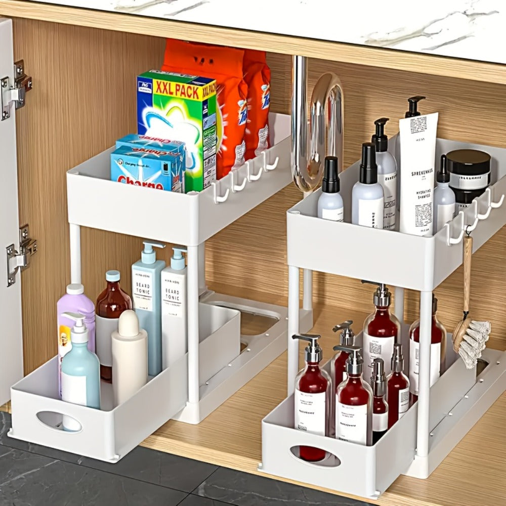 Under Sink Organizer 2pcs Double Tier Sliding Storage Basket with 8 Hooks – Kitchen Bathroom Cabinet Rack Shelf