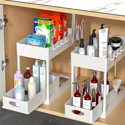 Under Sink Organizer 2pcs Double Tier Sliding Storage Basket with 8 Hooks – Kitchen Bathroom Cabinet Rack Shelf