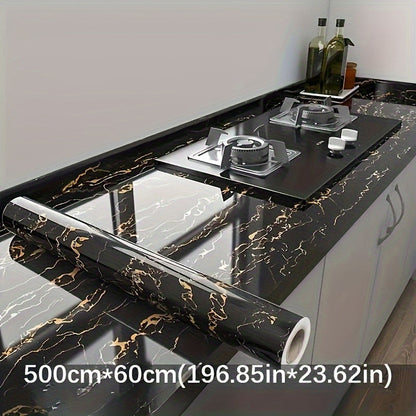 Black Marble Peel-and-Stick Contact Paper, 23.62 by 196.85 Inches, with Gold Vein Pattern for Furniture