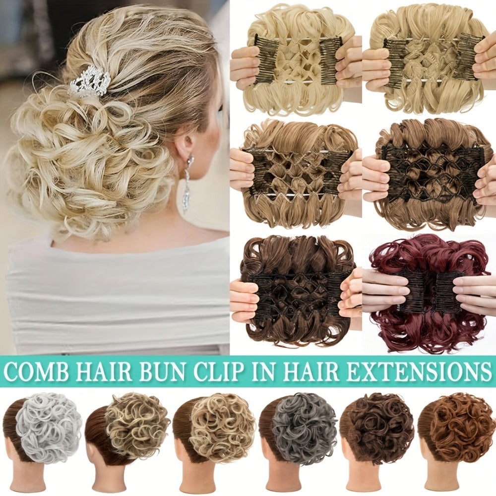 Six-Inch Curly Clip-In Hair Bun Extension with Comb and Scrunchie in Four Blended Color Options