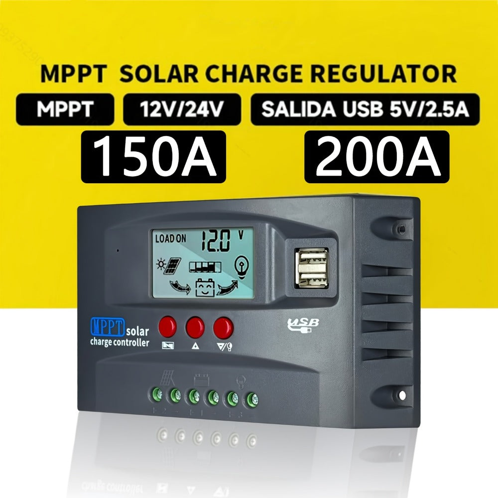 MPPT Solar Charge Controller 12V 24V – 150A/200A Auto-Tracking Solar Panel Regulator with LCD Display, Dual USB Port, Timer & Load Control for Gel Sealed Flooded & Lithium Batteries