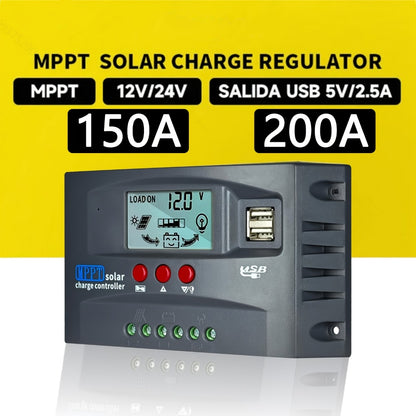 MPPT Solar Charge Controller 12V 24V – 150A/200A Auto-Tracking Solar Panel Regulator with LCD Display, Dual USB Port, Timer & Load Control for Gel Sealed Flooded & Lithium Batteries