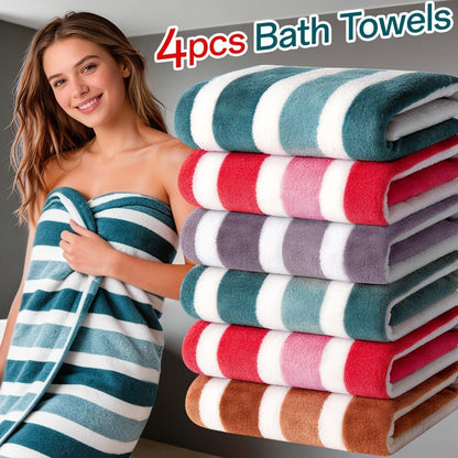Bath Towels Set 1 or 4 Pack 346GSM Polyester Striped Towels 70 x 140cm in Four Colors for Home and Guest Use