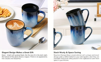 Six-Piece Blue Gradient Coffee Mug Set with Straight Handles and 14-Ounce Capacity Label Pictured