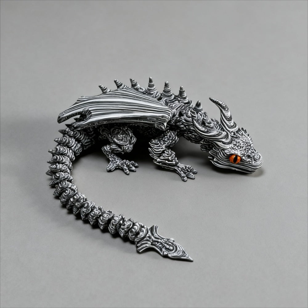 Articulated Black-and-White Swirl Dragon Figurine with Poseable Segments and Random Eye Color for Desktop Display