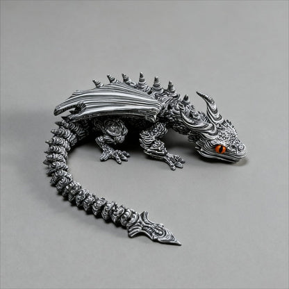Articulated Black-and-White Swirl Dragon Figurine with Poseable Segments and Random Eye Color for Desktop Display