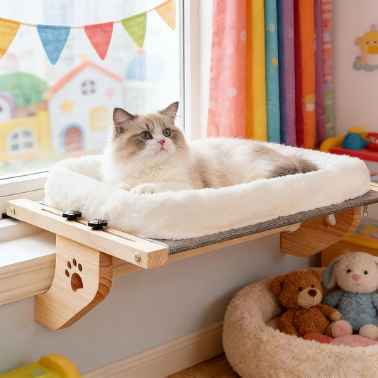 Cat Window Perch Hammock - Wood & Metal Frame Windowsill Seat for Large Indoor Cats, Adjustable Cat Shelf for Window Sill Bedside Drawer Cabinet, Space-Saving Cat Bed Lounger Sunbathing Perch