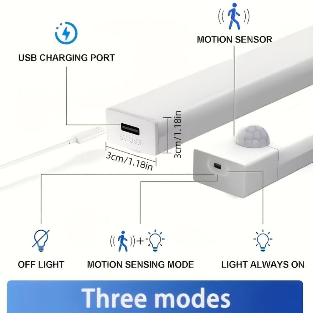 Night Light Motion Sensor LED Bar with USB Rechargeable 400mAh Battery, Three Brightness Levels and Six Size-Pack Options