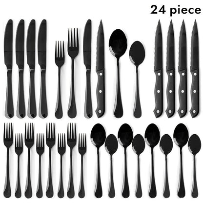 Stainless Steel Flatware Set with Steak Knives – 24/48 Piece Silverware Set Service for 4 or 8, Mirror Polished Cutlery, Dishwasher Safe, Silver & Black