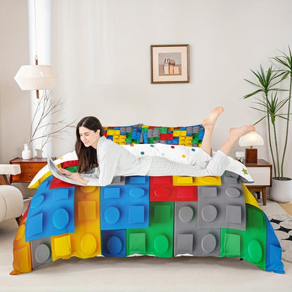 Building Block Duvet Cover Set with Multicolor Brick Print, Zipper Closure and Twin to King Sizes
