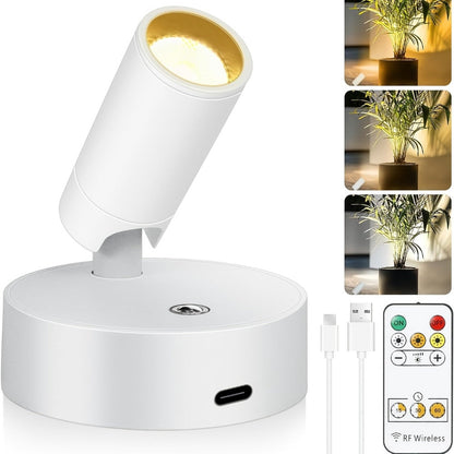 Rechargeable Indoor Spotlight LED – 3-Color Dimmable with Remote & Timer, 350° Adjustable, 2500mAh Battery, Magnetic Base Wall Accent Light for Pictures, Plants & Artwork (White / Black, 1 or 2 Pack)