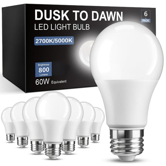 Dusk to Dawn LED Light Bulbs Photocell Sensor Auto On Off - 9W 60W Equivalent E26 Base 5000K Daylight & 2700K Warm White 6 or 12 Pack for Porch Garage Outdoor Security Indoor Lighting