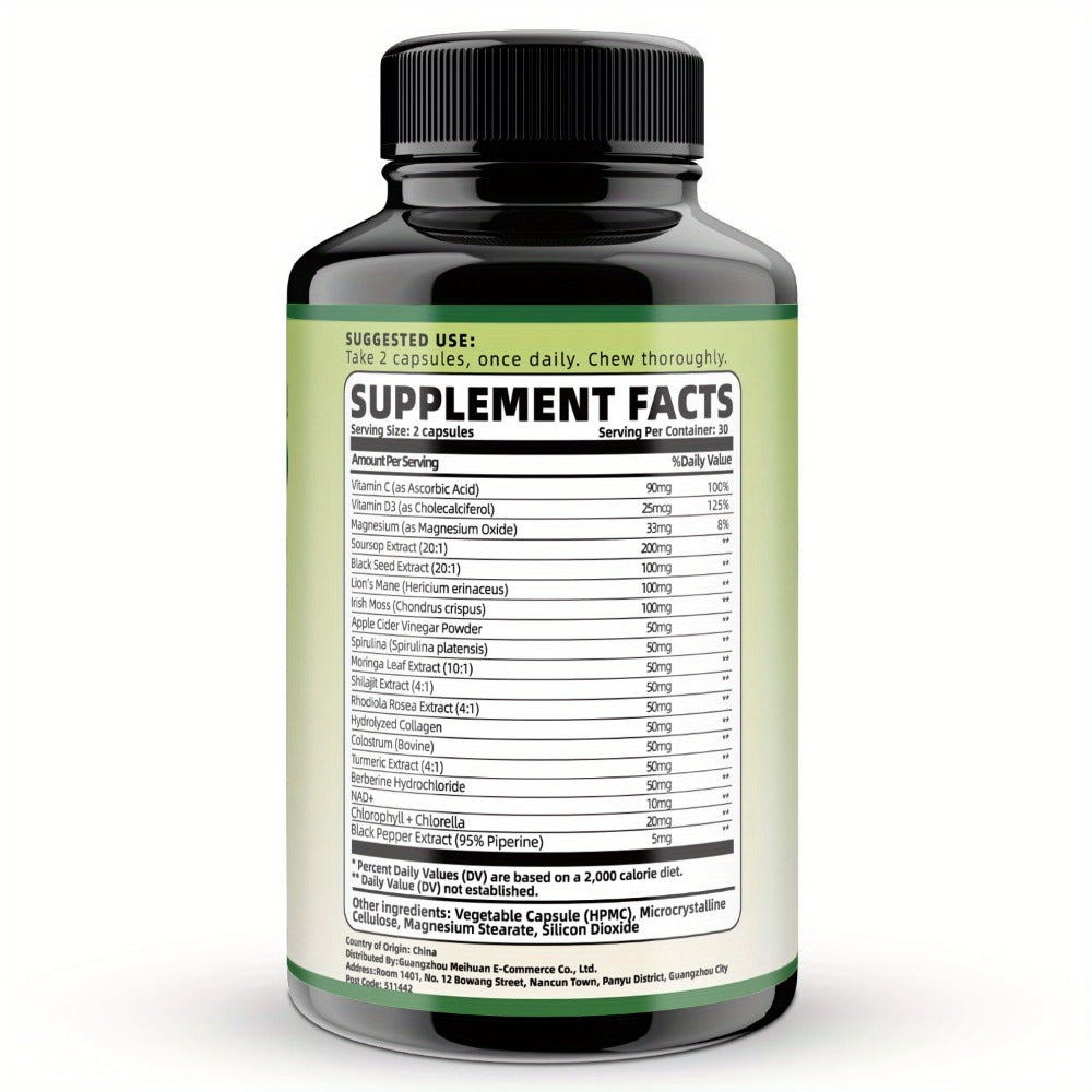 Soursop Graviola Capsules 24-in-1 Herbal Blend — Turmeric Spirulina Sea Moss Vitamin D3 Bitter Leaf | Immune Defense Antioxidant Gut Energy Support | 60 Capsules Per Bottle