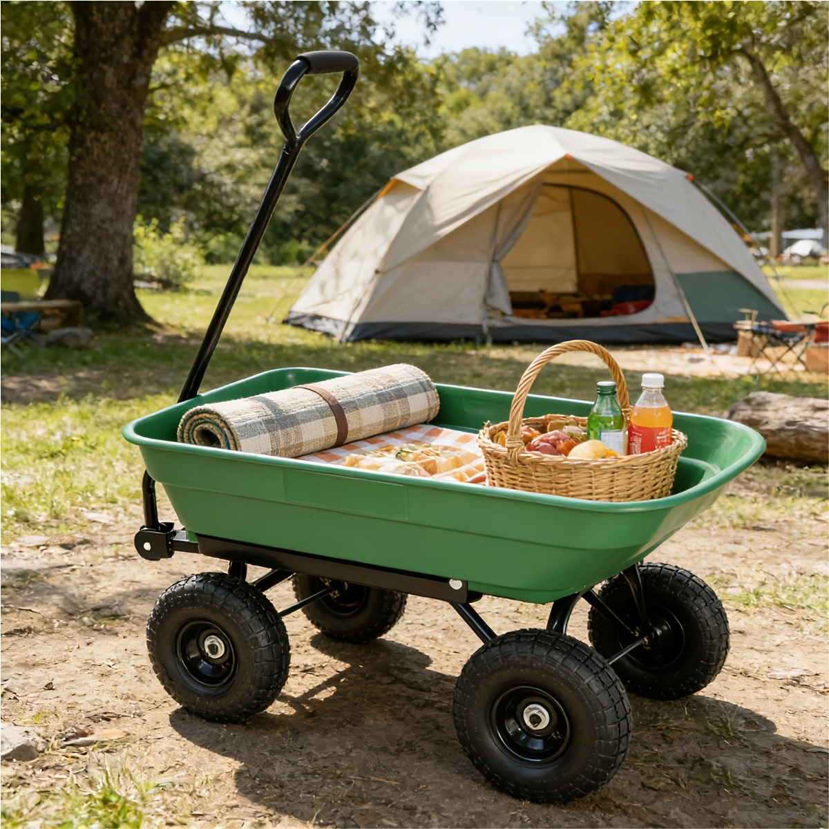 Garden Dump Cart 4-Wheel Heavy Duty Steel Frame Rust-Resistant Poly Bed Quick-Release Dump Feature Foldable D-Handle All-Terrain Yard Wagon for Landscaping Lawn