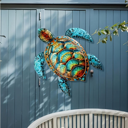 Metal Wall Art Turtle Sculpture - Colorful Swirling Pattern Hanging Decor, Intricate Boho Wall Decoration for Living Room Bedroom Entryway, Housewarming Gift, Easy Install, 14.37x15.75 Inch