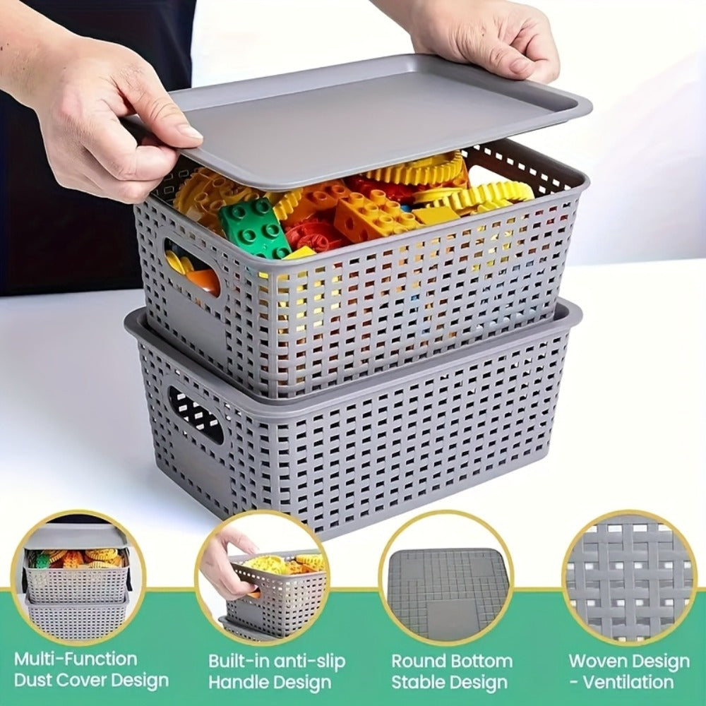 Flip-Top Lid Storage Baskets Set of 8 in White for Desktop, Documents and Shelf Organization