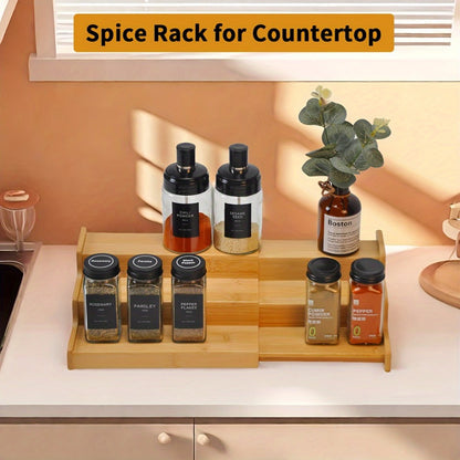 Bamboo Spice Rack Expandable 3-Tier Ladder Rack for Kitchen Cabinet Countertop Storage Organizer Pantry Shelf Display Stand for Spices Jars Bottles