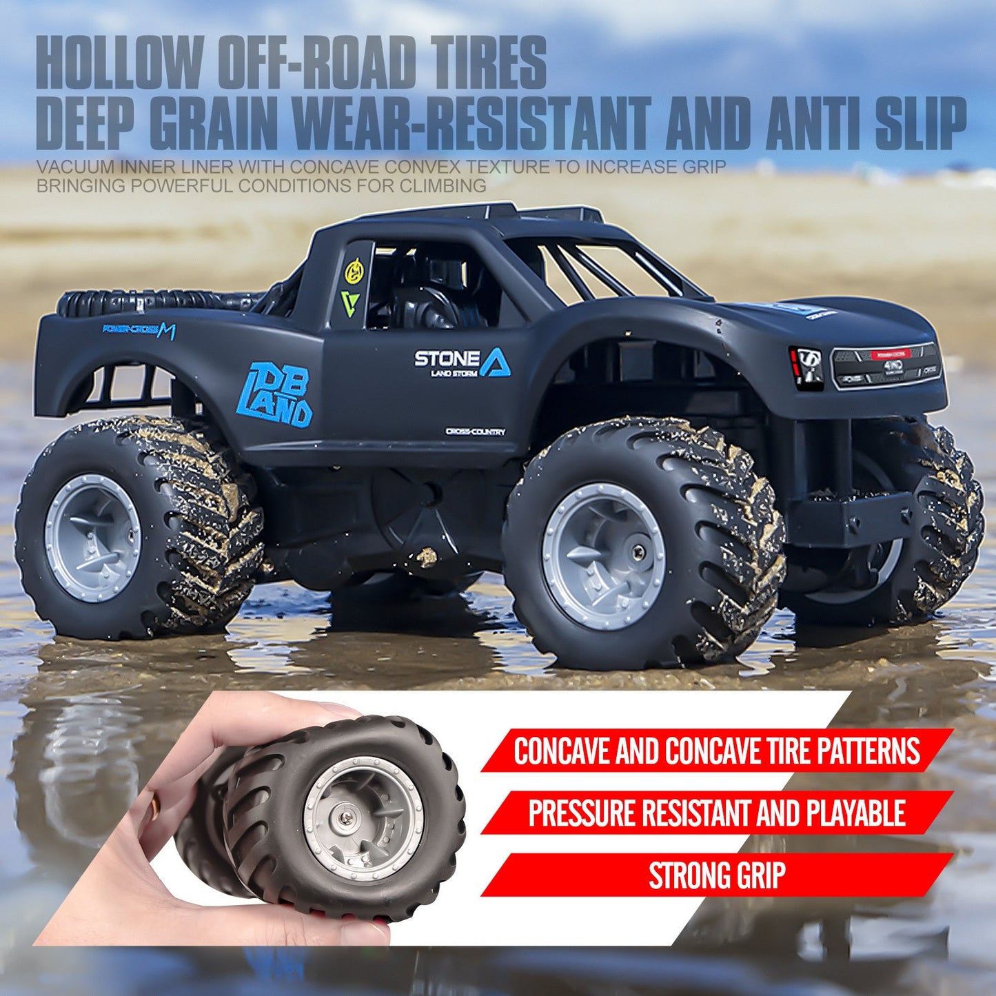 RC Monster Truck or Pickup 1:16 Scale in Five Body and Color Styles with 4WD Layout and Two Rechargeable Batteries