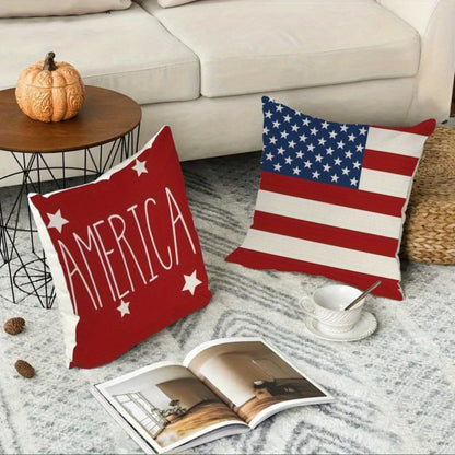 Four-Piece Patriotic Pillow Cover Set with Stars and Stripes Prints in Red, White and Blue
