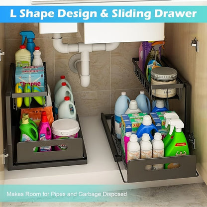 L-Shaped Sliding Drawer Organizer – Heavy-Duty Under Sink Storage Rack, Space-Saving Cabinet Organizer for Kitchen, Bathroom, Garage & Workshop, Large Capacity, Black & White
