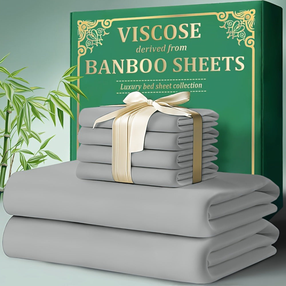 Bamboo Fitted Sheet Set 4-Piece Deep Pocket 18"-24", 2200TC Ultra-Soft Cool Breathable Bed Sheets, Anti-Shrink Fade-Resistant, Ideal for Hot Sleepers
