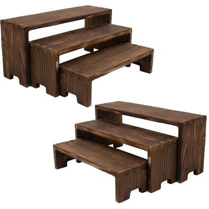 Three-Piece Nesting Tabletop Display Shelf Set in Burning Color or Wood Color Stepped Sizes