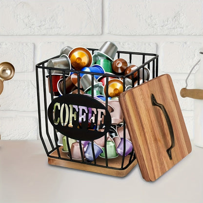 Square Metal Coffee Pod and Filter Storage Basket with Wood Lid and Base, Black Finish and Two Label Options