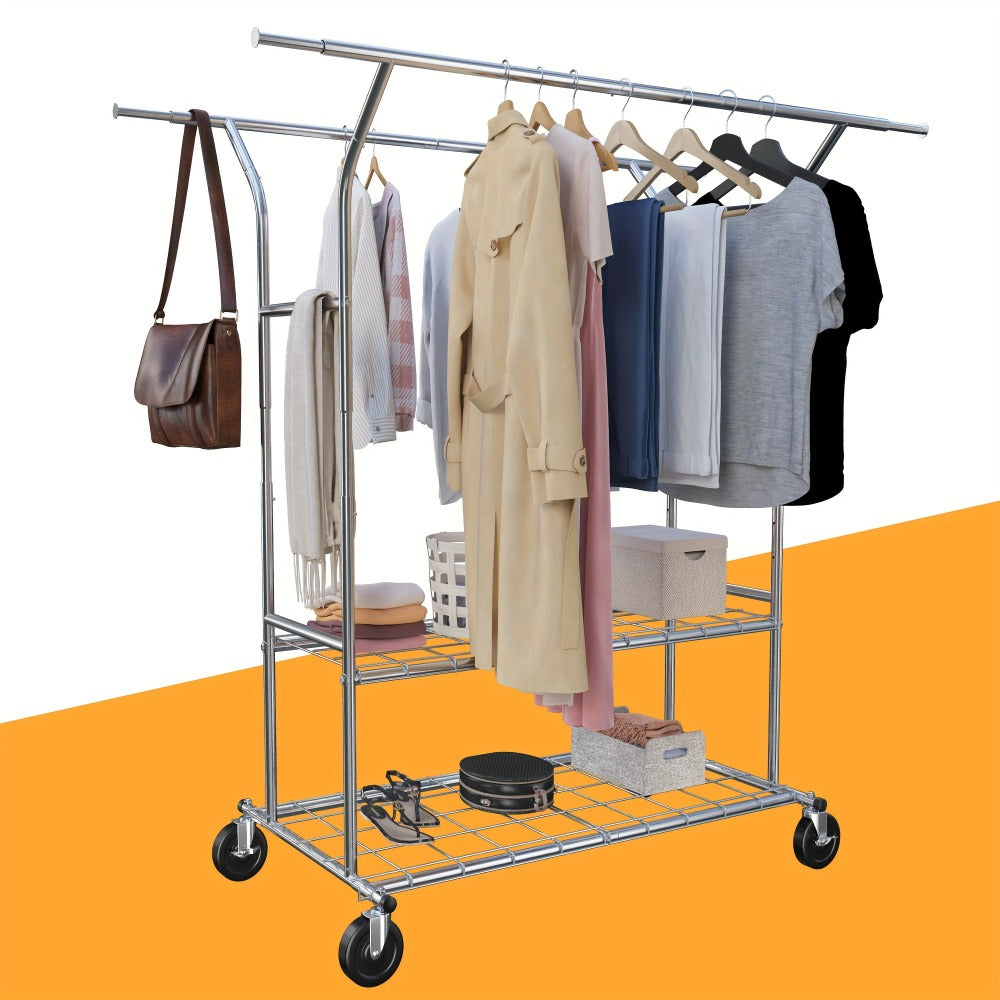 Double-Rod Rolling Garment Rack with Telescoping Extensions, Two Wire Shelves and 74.6-Inch Width