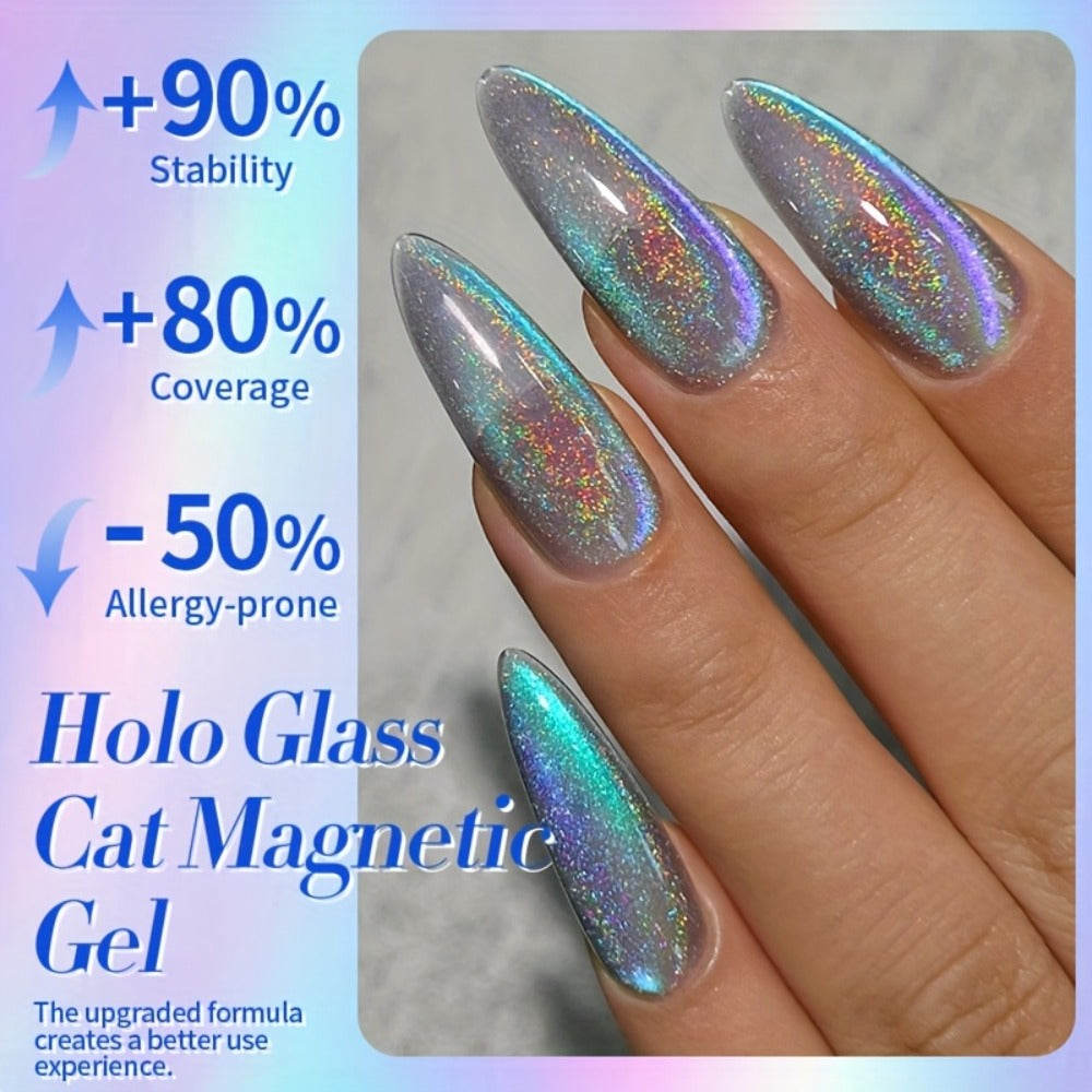 Gel Nail Polish in 10ml 9D Holographic Rainbow Cat-Eye with Magnetic Swirl and UV/LED Cure