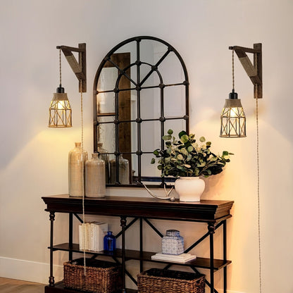Plug-In Cage Wall Sconce with Wooden Bracket, 250 cm Cord and Single or Two-Piece Farmhouse Options