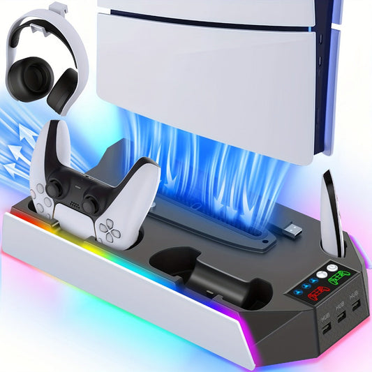 Headset Holder PS5 Cooling Stand with RGB Light, 3-Level Fan, Controller Charger & 3 USB Ports – Compatible with PS5 / PS5 Slim / PS5 Pro Disc & Digital Edition Console