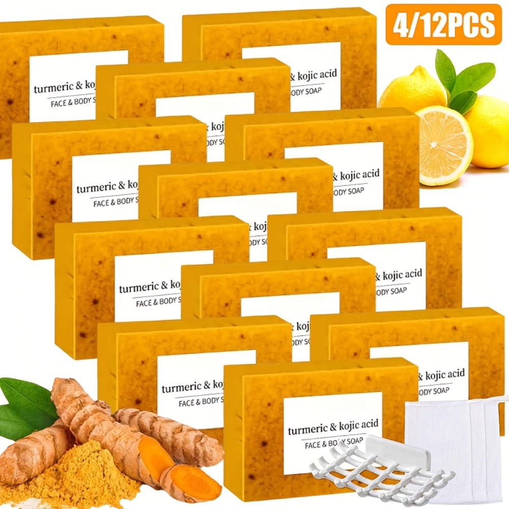 Turmeric and Kojic Acid Bar Soap, 12-Pack of 100g Bars with Lemon and Honey Labels plus Bubble Net