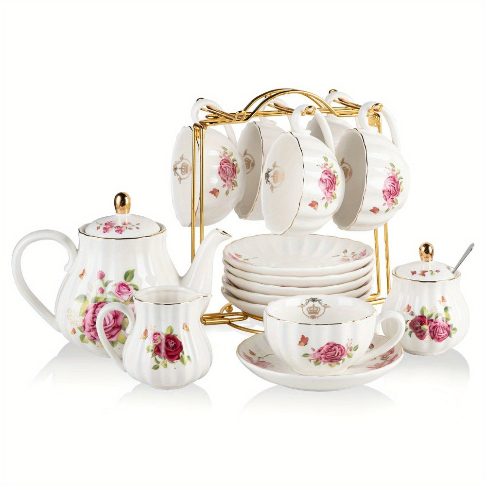 Floral Porcelain-Style Tea Service Set for Six in Five Coral, Peach, Rose, Peony or Spring Designs