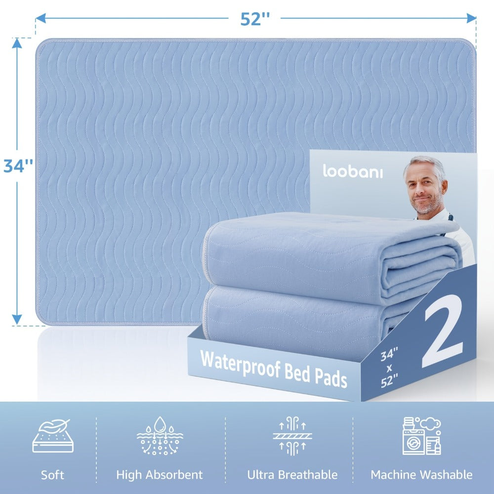Washable Waterproof Bed Pads 2 Pack - Heavy Absorbency Reusable Incontinence Mattress Protector for Adults, Elderly & Pets | Bed, Sofa, Chair