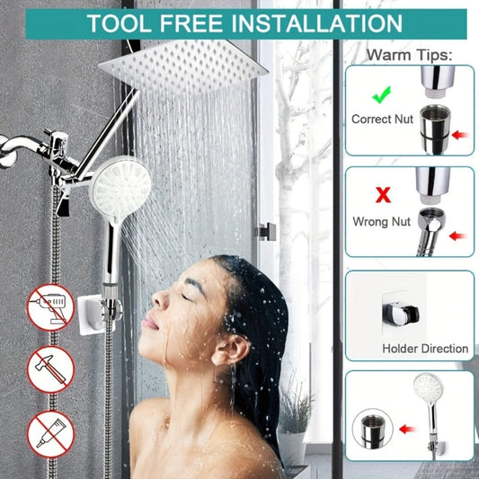 Rainfall Handheld Shower Combo 9-Setting – High Pressure 11" Extension Arm Leak-Proof Wall Mount 8 10 12 Inch Chrome Black