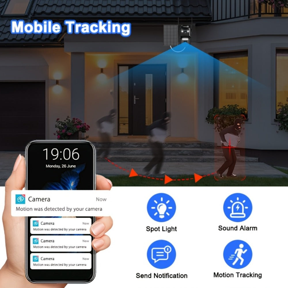 Solar Security Camera 2K WiFi Outdoor - 10x Optical Zoom, 360° Pan Tilt PTZ, IP66 Waterproof, Color Night Vision, Spotlight Alarm, Motion Detection, Two-Way Audio, No Wiring CCTV (QW8-WIFI)