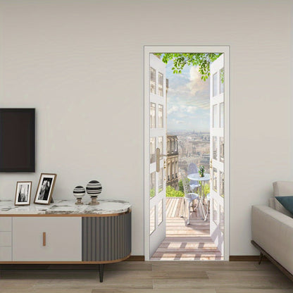 Balcony-View Door Mural Panel Set with Two 17.7-Inch Sheets and 35.43 x 78.74-Inch Final Scene
