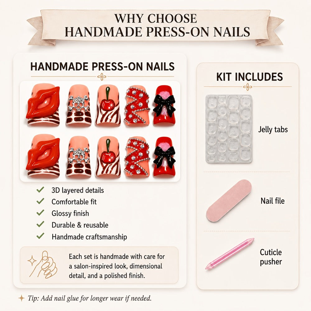 Short Duckbill Press On Nails 3D Red Lips Skull Cherry Bow Rhinestone – Zebra Stripe Polka Dot Sweet Cool Acrylic Nail Art Set for Party, Date Night & Daily Wear, 10pcs S/M/L with Tools