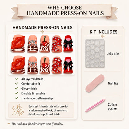 Short Duckbill Press On Nails 3D Red Lips Skull Cherry Bow Rhinestone – Zebra Stripe Polka Dot Sweet Cool Acrylic Nail Art Set for Party, Date Night & Daily Wear, 10pcs S/M/L with Tools