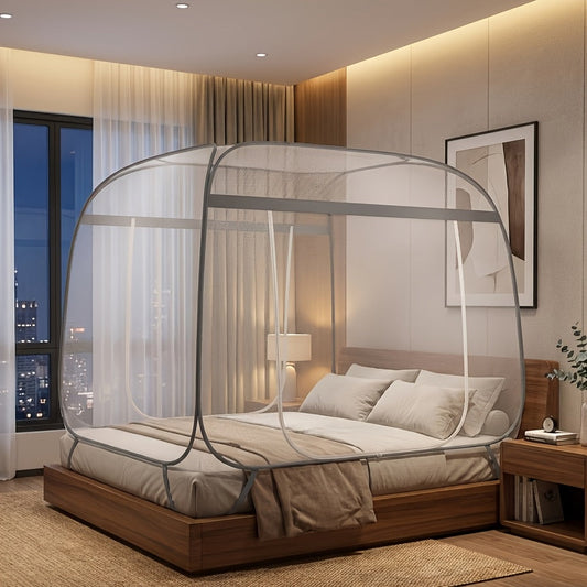 Mosquito Net Canopy Bed – Yurt Style 360° Full Coverage, Stainless Steel Frame, Easy Open Design for Bedroom, Dorm & Outdoor, Multiple Sizes, Grey & Blue